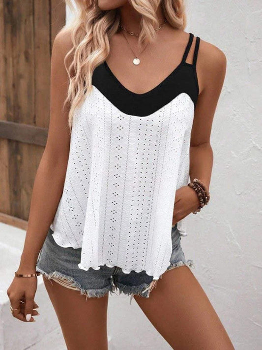 Tank Tops- Trendy Eyelet Tank Top - Strappy Back, Thin Straps & Double Trim Cami- White- Pekosa Women Clothing