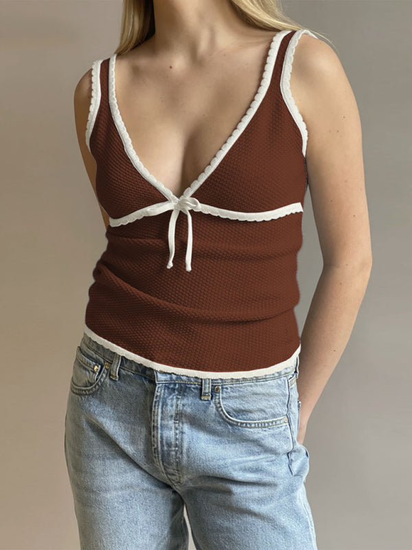 Tank Tops- Waffle Textured Sleeveless V-Neck Top with Contrast Binding- Coffee- Pekosa Women Clothing