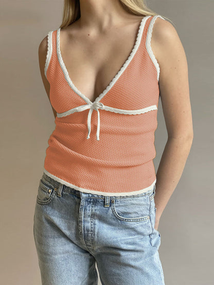 Tank Tops- Waffle Textured Sleeveless V-Neck Top with Contrast Binding- Orange- Pekosa Women Clothing