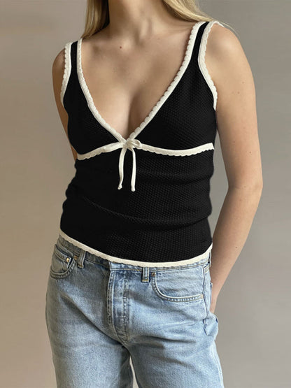 Tank Tops- Waffle Textured Sleeveless V-Neck Top with Contrast Binding- Black- Pekosa Women Clothing