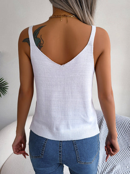 Tank tops- Charm in Crochet: Knit Cami Top - Metal Buckle Appliqué Tank Blouse- - Pekosa Women Clothing