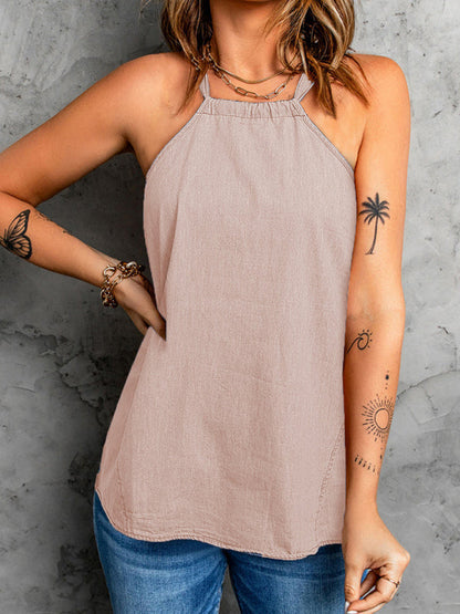 Tank tops- Women's Denim Halter Tank Top- Pink- Pekosa Women Clothing