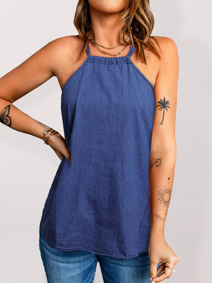 Tank tops- Women's Denim Halter Tank Top- Purplish blue navy- Pekosa Women Clothing