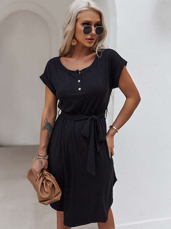 Tee Dresses- Belted Solid Tee Dress with Short Sleeves for Everyday Wear- - Pekosa Women Clothing