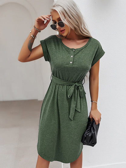 Tee Dresses- Belted Solid Tee Dress with Short Sleeves for Everyday Wear- - Pekosa Women Clothing