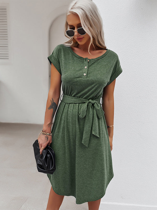 Tee Dresses- Belted Solid Tee Dress with Short Sleeves for Everyday Wear- - Pekosa Women Clothing