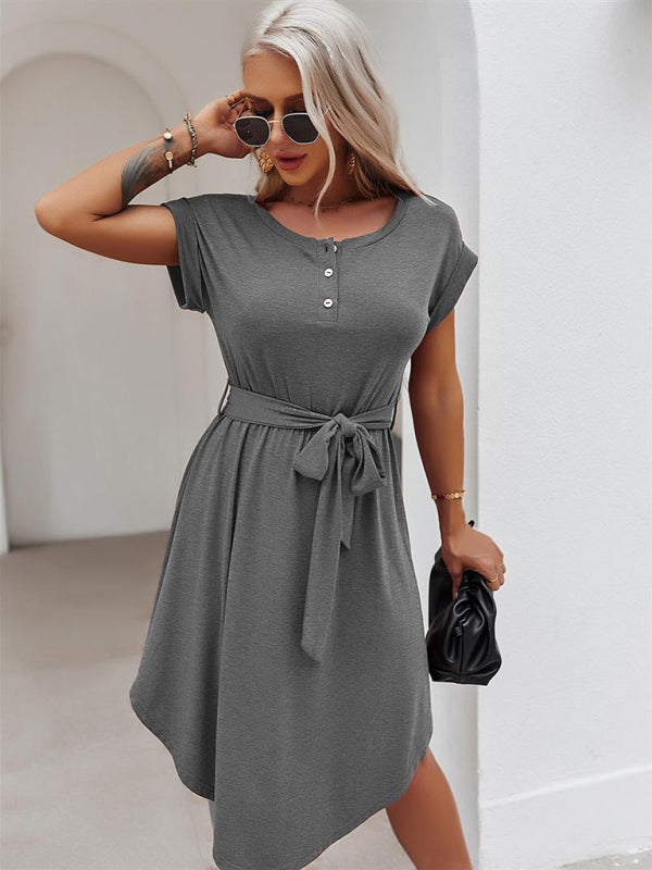 Tee Dresses- Belted Solid Tee Dress with Short Sleeves for Everyday Wear- Charcoal grey- Pekosa Women Clothing