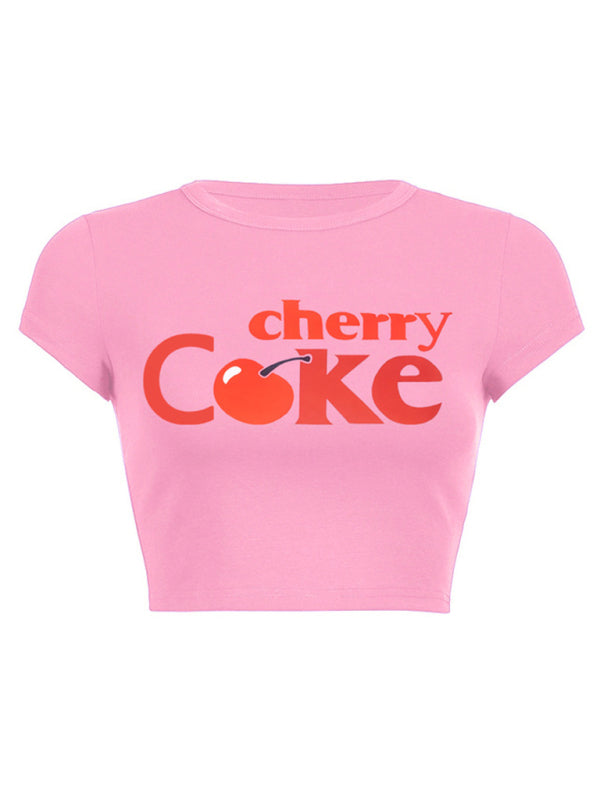 Tees- Cherry C🍒ke Print Crop Tee for Women- - Pekosa Women Fashion