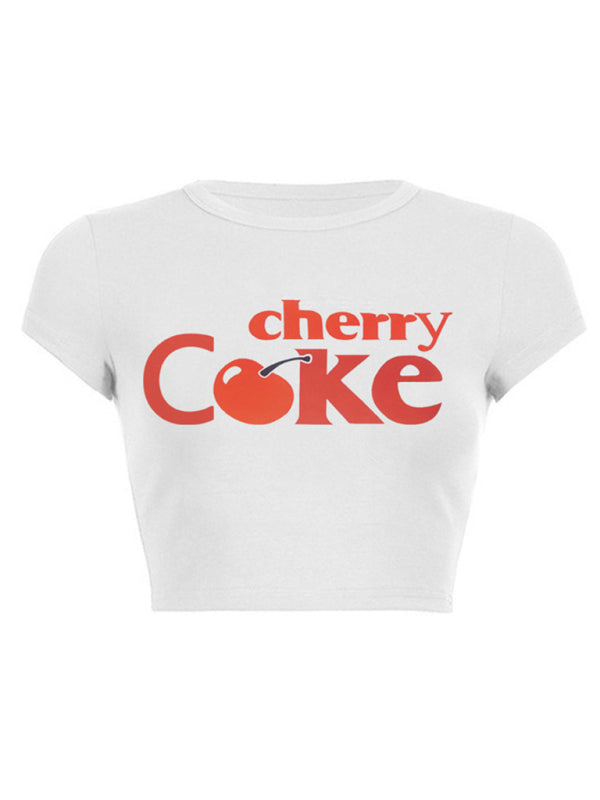 Tees- Cherry C🍒ke Print Crop Tee for Women- White- Pekosa Women Fashion