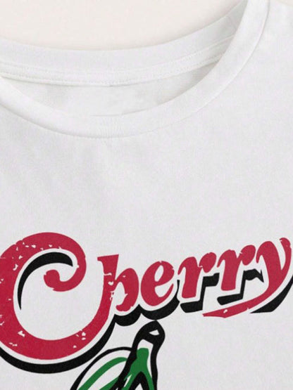 Tees- Cherry Letter Print Crop Tee for Women- - Pekosa Women Fashion