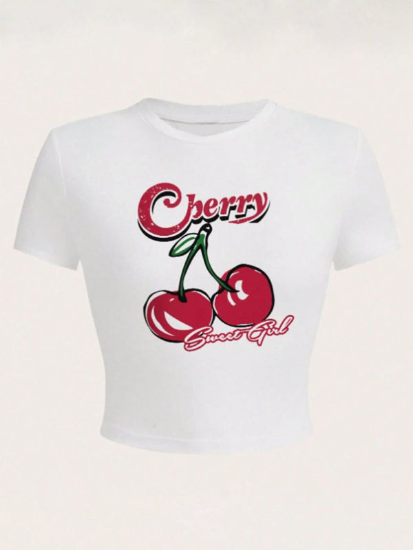 Tees- Cherry Letter Print Crop Tee for Women- Pattern3- Pekosa Women Fashion