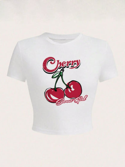 Tees- Cherry Letter Print Crop Tee for Women- - Pekosa Women Fashion