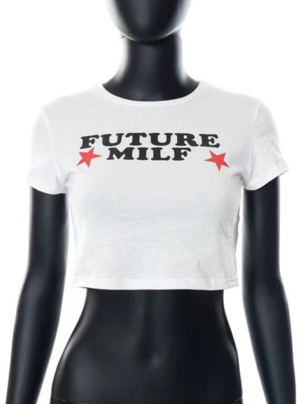 Tees- Cherry Letter Print Crop Tee for Women- - Pekosa Women Fashion