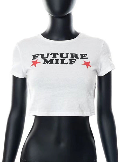 Tees- Cherry Letter Print Crop Tee for Women- - Pekosa Women Fashion