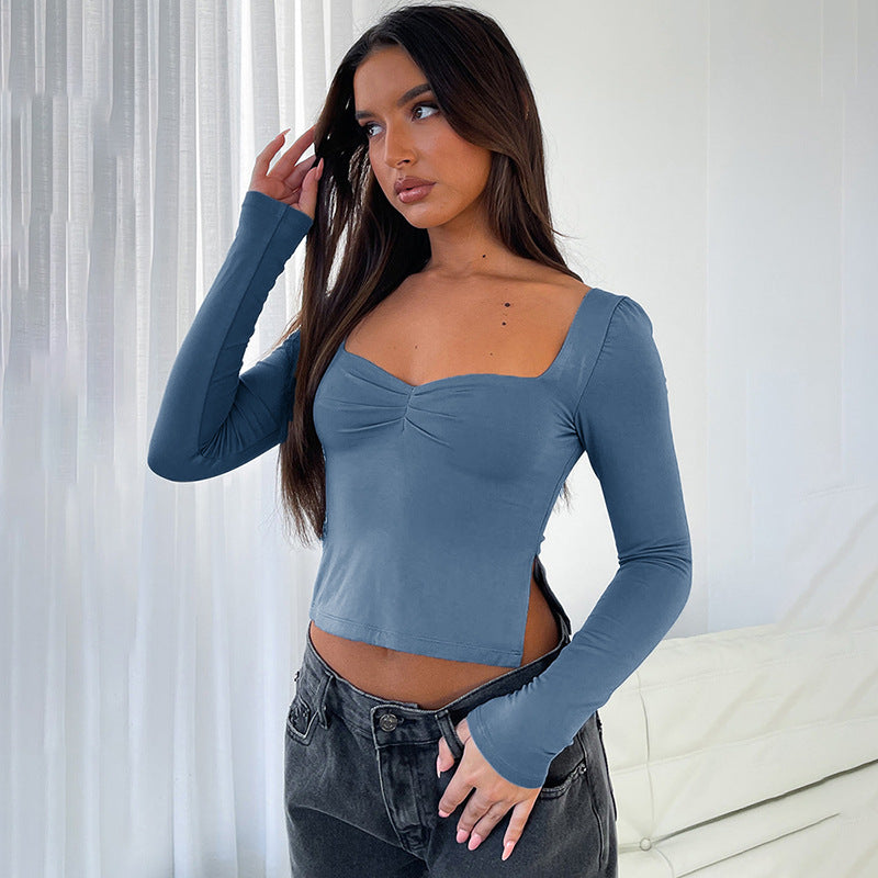 Tees- High Slit Long Sleeve Tee - Square Neck Top- Blue- Pekosa Women Clothing