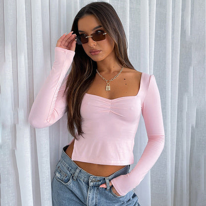 Tees- High Slit Long Sleeve Tee - Square Neck Top- Pink- Pekosa Women Clothing