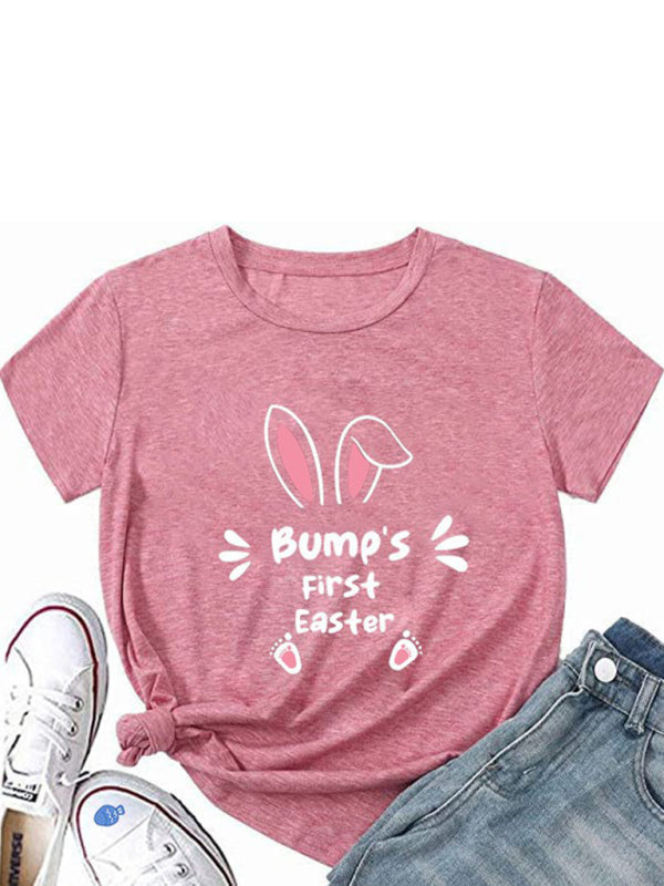 Tees- Holly Week Bunny Egg Print T-Shirt for Women- Pink- Pekosa Women Clothing