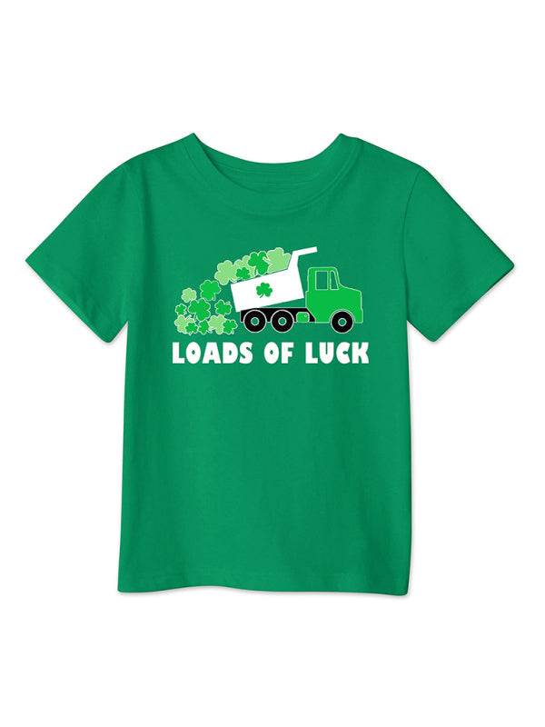 Tees- Kids' St. Patrick's Day Lucky Clover Print T-Shirt - Little Leprechauns Tee- Green- Pekosa Women Clothing