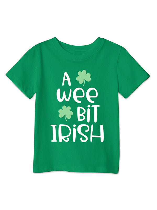 Tees- Kids' St. Patrick's Day Lucky Clover Print T-Shirt - Little Leprechauns Tee- Bud green- Pekosa Women Clothing