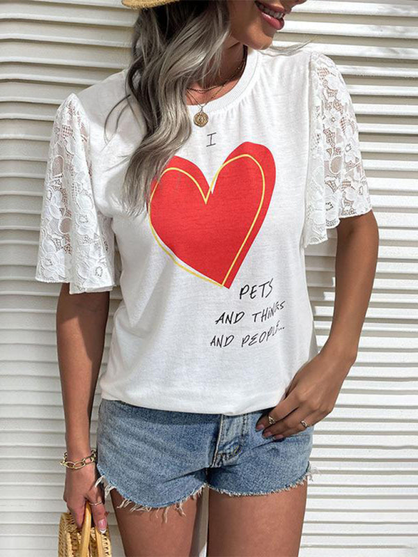 Tees- Lace Accent Love Print Tee - Crew Neck T-Shirt for Summer- - Pekosa Women Clothing