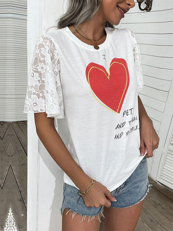 Tees- Lace Accent Love Print Tee - Crew Neck T-Shirt for Summer- - Pekosa Women Clothing