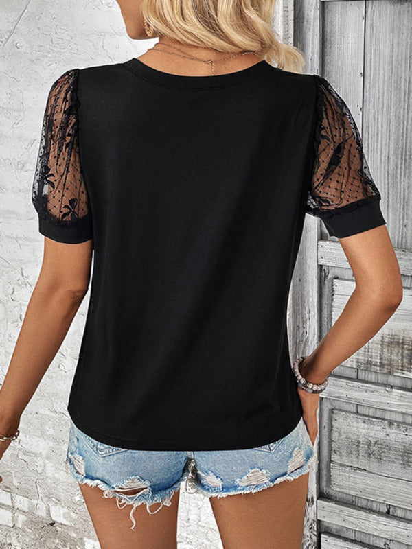 Tees- Lace Patched Short Sleeves V-Neck Blouse Tee- - Pekosa Women Fashion