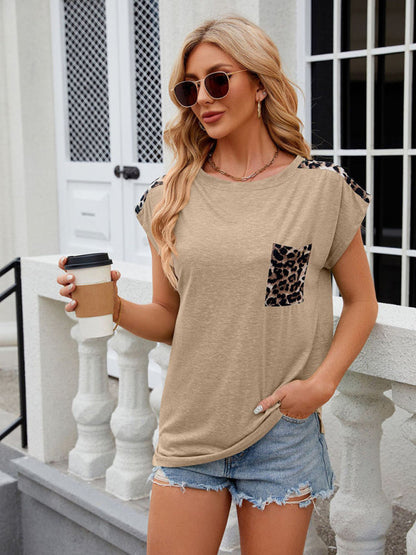 Tees- Leopard Trim Short-Sleeved T-Shirt | Cotton Blend Tee- Khaki- Pekosa Women Clothing