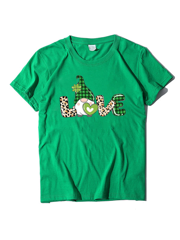 Tees- Lucky: St. Patrick's Day Crew Neck Tee in Cotton with Leprechaun Print- Grass green- Pekosa Women Clothing