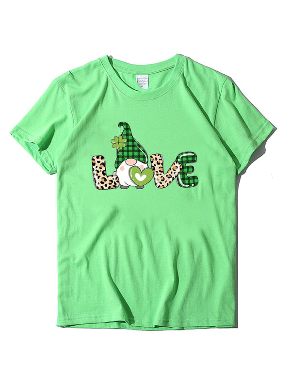 Tees- Lucky: St. Patrick's Day Crew Neck Tee in Cotton with Leprechaun Print- Fruit green- Pekosa Women Clothing