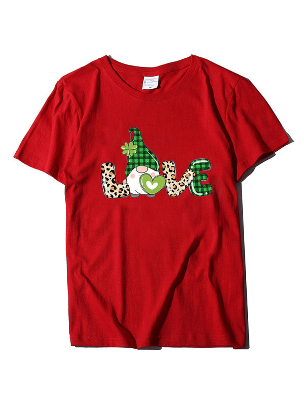 Tees- Lucky: St. Patrick's Day Crew Neck Tee in Cotton with Leprechaun Print- Red- Pekosa Women Clothing