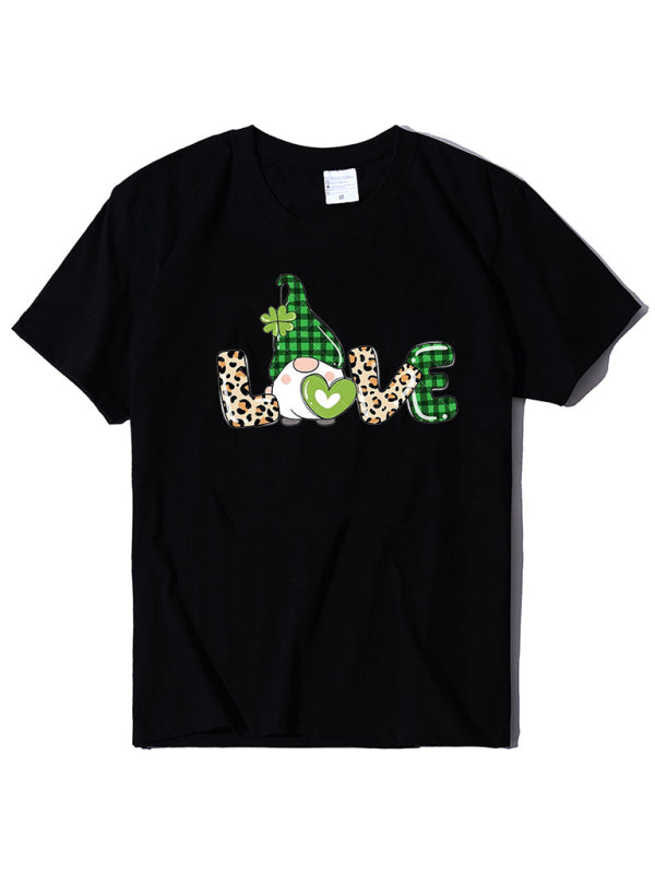 Tees- Lucky: St. Patrick's Day Crew Neck Tee in Cotton with Leprechaun Print- Black- Pekosa Women Clothing