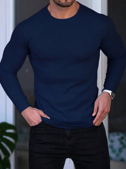 Tees- Men's Long Sleeve Ribbed Crew Neck Muscle T-shirt- Blue- Pekosa Women Clothing