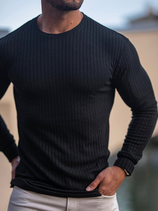 Tees- Men's Long Sleeve Ribbed Crew Neck Muscle T-shirt- - Pekosa Women Clothing