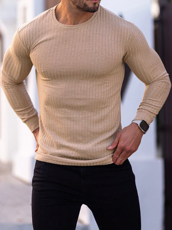 Tees- Men's Long Sleeve Ribbed Crew Neck Muscle T-shirt- Khaki- Pekosa Women Clothing