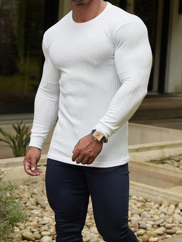 Tees- Men's Long Sleeve Ribbed Crew Neck Muscle T-shirt- - Pekosa Women Clothing