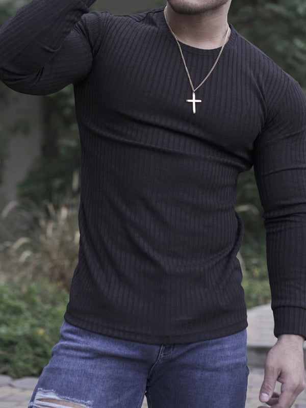 Tees- Men's Long Sleeve Ribbed Crew Neck Muscle T-shirt- - Pekosa Women Clothing