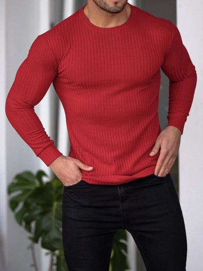 Tees- Men's Long Sleeve Ribbed Crew Neck Muscle T-shirt- Red- Pekosa Women Clothing