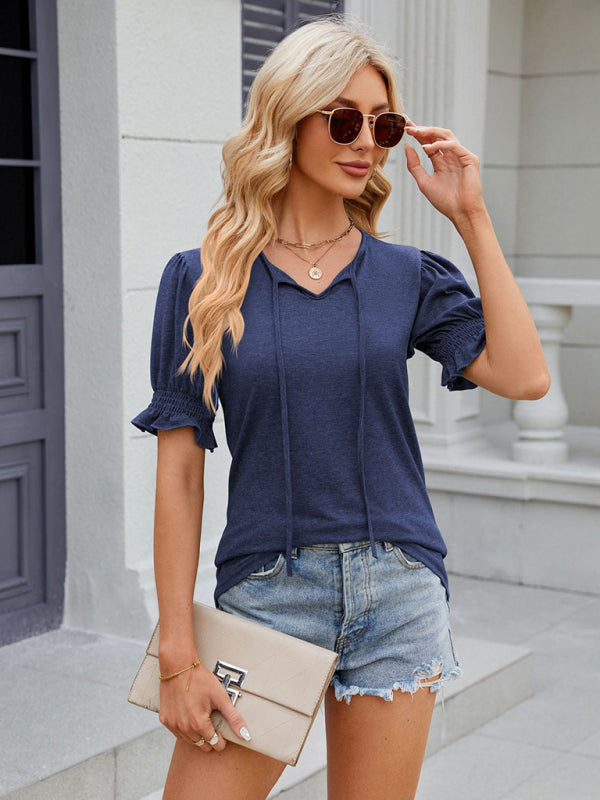 Tees- Short Puff Sleeves Blouse | Solid V-Neck Tee with Drawstring Tie Front- - Pekosa Women Clothing