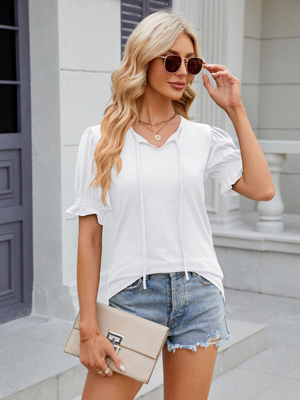 Tees- Short Puff Sleeves Blouse | Solid V-Neck Tee with Drawstring Tie Front- - Pekosa Women Clothing