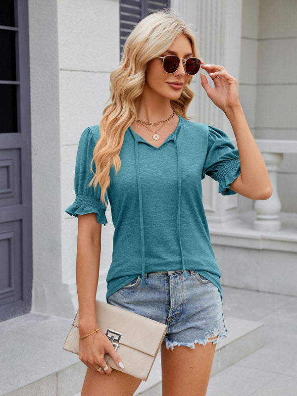 Tees- Short Puff Sleeves Blouse | Solid V-Neck Tee with Drawstring Tie Front- - Pekosa Women Clothing