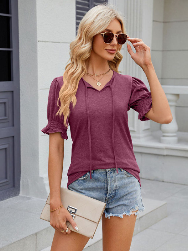 Tees- Short Puff Sleeves Blouse | Solid V-Neck Tee with Drawstring Tie Front- - Pekosa Women Clothing