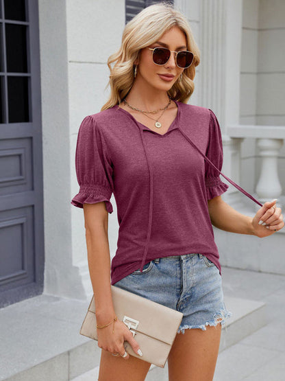 Tees- Short Puff Sleeves Blouse | Solid V-Neck Tee with Drawstring Tie Front- - Pekosa Women Clothing