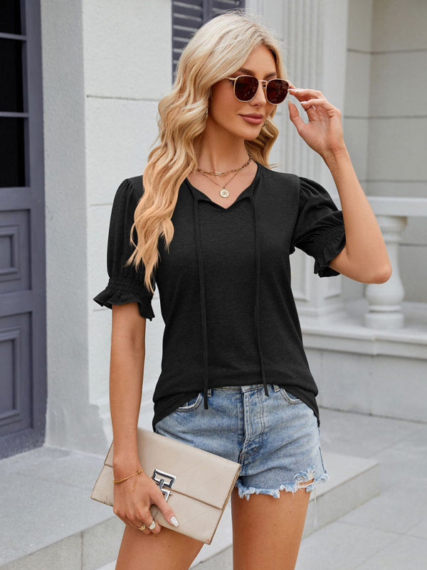 Tees- Short Puff Sleeves Blouse | Solid V-Neck Tee with Drawstring Tie Front- - Pekosa Women Clothing