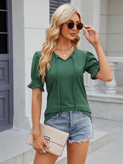 Tees- Short Puff Sleeves Blouse | Solid V-Neck Tee with Drawstring Tie Front- - Pekosa Women Clothing