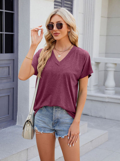 Tees- Solid V-Neck Tee | Short-Sleeve Casual T-Shirt- Wine Red- Pekosa Women Clothing