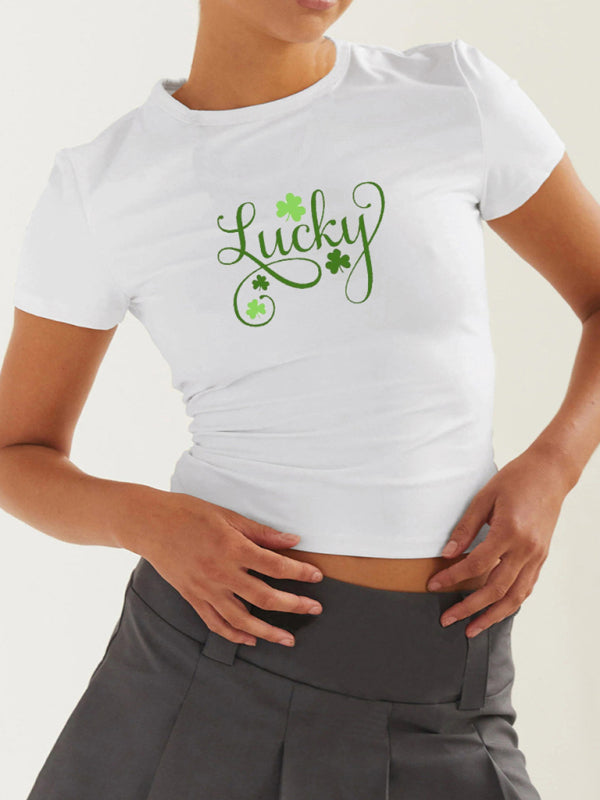 Tees- St. Patrick's Day Crop Tee for Women with Leprechaun & Lucky Clover Print- Bud green- Pekosa Women Clothing