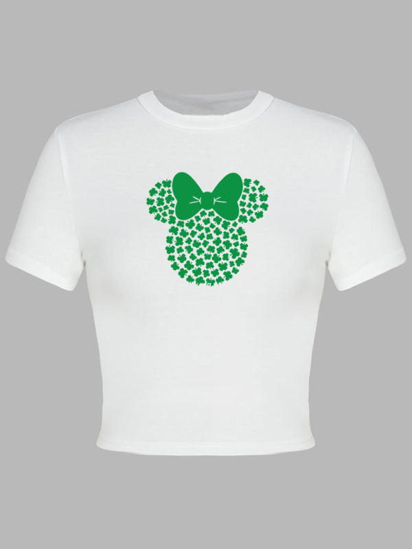 Tees- St. Patrick's Day Crop Tee for Women with Leprechaun & Lucky Clover Print- - Pekosa Women Clothing