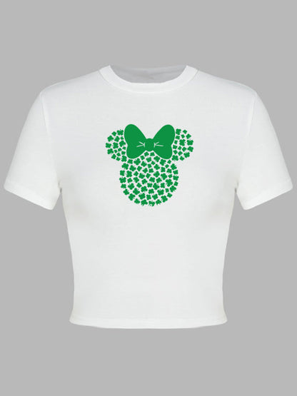 Tees- St. Patrick's Day Crop Tee for Women with Leprechaun & Lucky Clover Print- - Pekosa Women Clothing