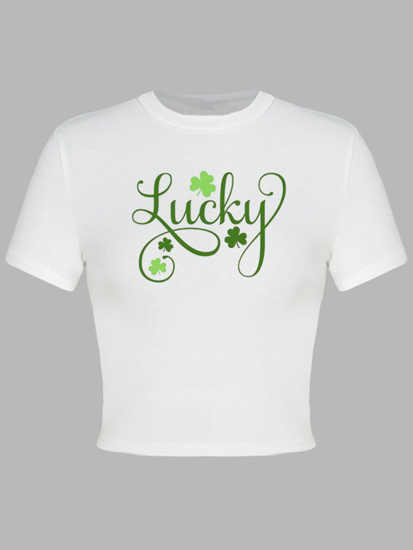 Tees- St. Patrick's Day Crop Tee for Women with Leprechaun & Lucky Clover Print- - Pekosa Women Clothing