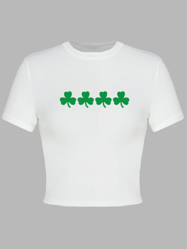 Tees- St. Patrick's Day Crop Tee for Women with Leprechaun & Lucky Clover Print- - Pekosa Women Clothing